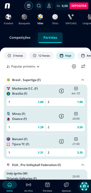 Captura de tela da seção de apostas de vôlei na Novibet, com destaque nos mercados da Superliga Brasileira
