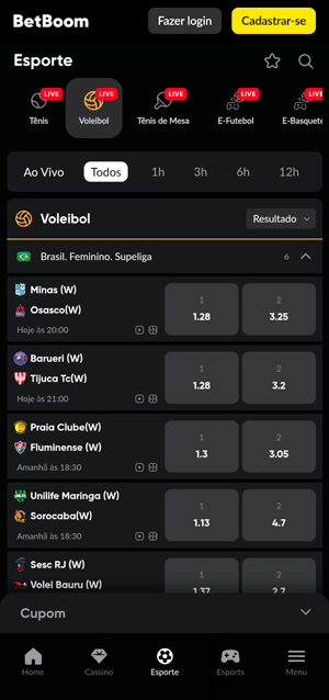 Captura de tela da seção de apostas de vôlei da BetBoom, exibindo os próximos embates da Superliga feminina
