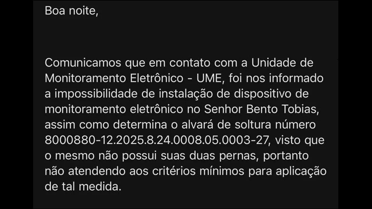 Comunicado enviado à defesa pelo Presídio Regional de Blumenau, em Santa Catarina.