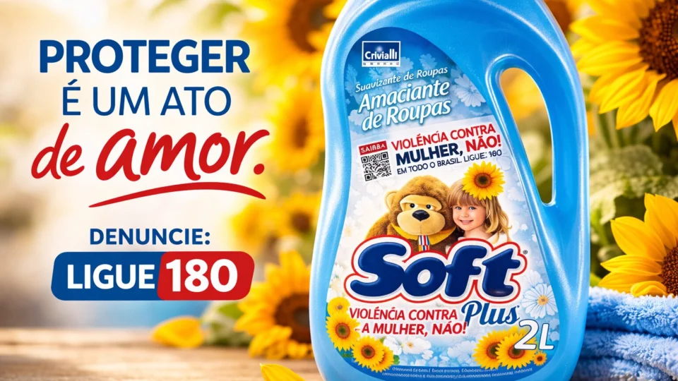 Produto da Soft Plus, do Grupo Crivialli, destaca em seu rótulo o número 180, canal da Central de Atendimento à Mulher – Ligue 180, transformando um item presente nos lares brasileiros em ferramenta de informação e apoio no combate à violência contra a mulher.