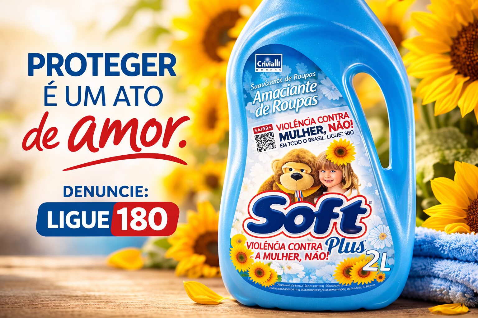 Produto da Soft Plus, do Grupo Crivialli, destaca em seu rótulo o número 180, canal da Central de Atendimento à Mulher – Ligue 180, transformando um item presente nos lares brasileiros em ferramenta de informação e apoio no combate à violência contra a mulher.