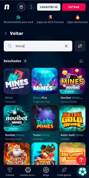 Print do cassino da Novibet com as variações de Mines disponíveis
