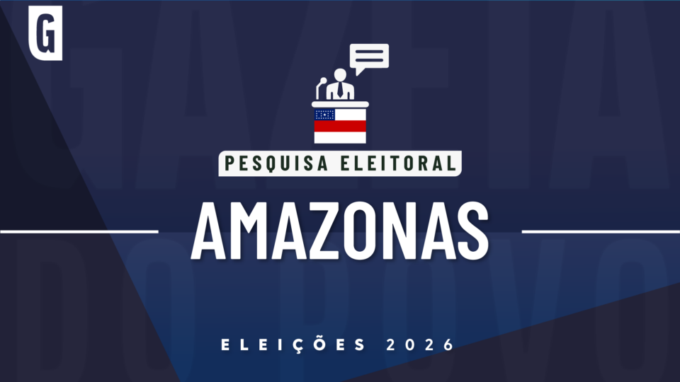 Ilustração feita pela Gazeta do Povo sobre pesquisa eleitoral nas Eleições 2026, com a bandeira do Amazonas