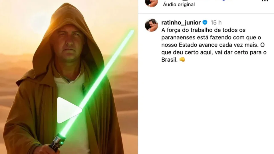 Ratinho Junior aparece em vídeos de campanha como protagonista do ‘Modelo Paraná’ e usa metáforas para abordar polarização política.