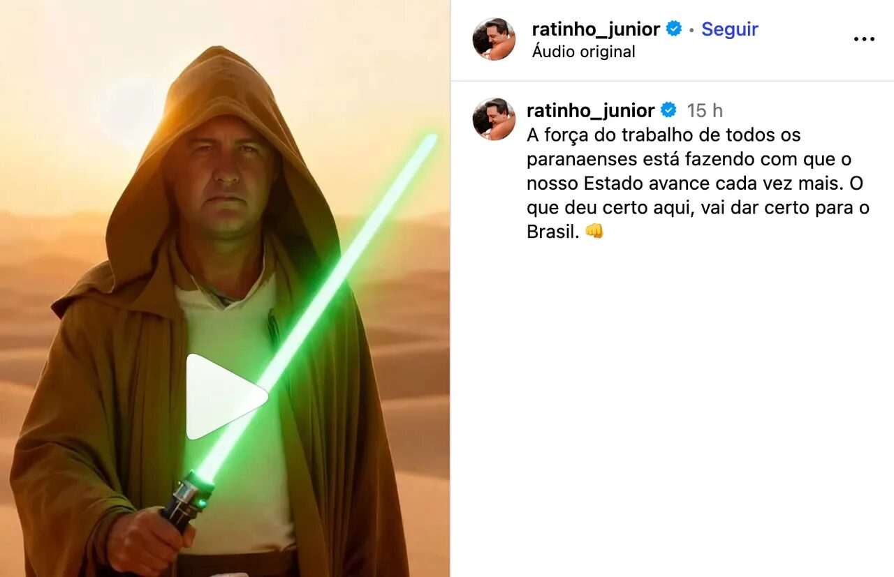 Ratinho Junior aparece em vídeos de campanha como protagonista do “Modelo Paraná” e usa metáforas para abordar polarização política.