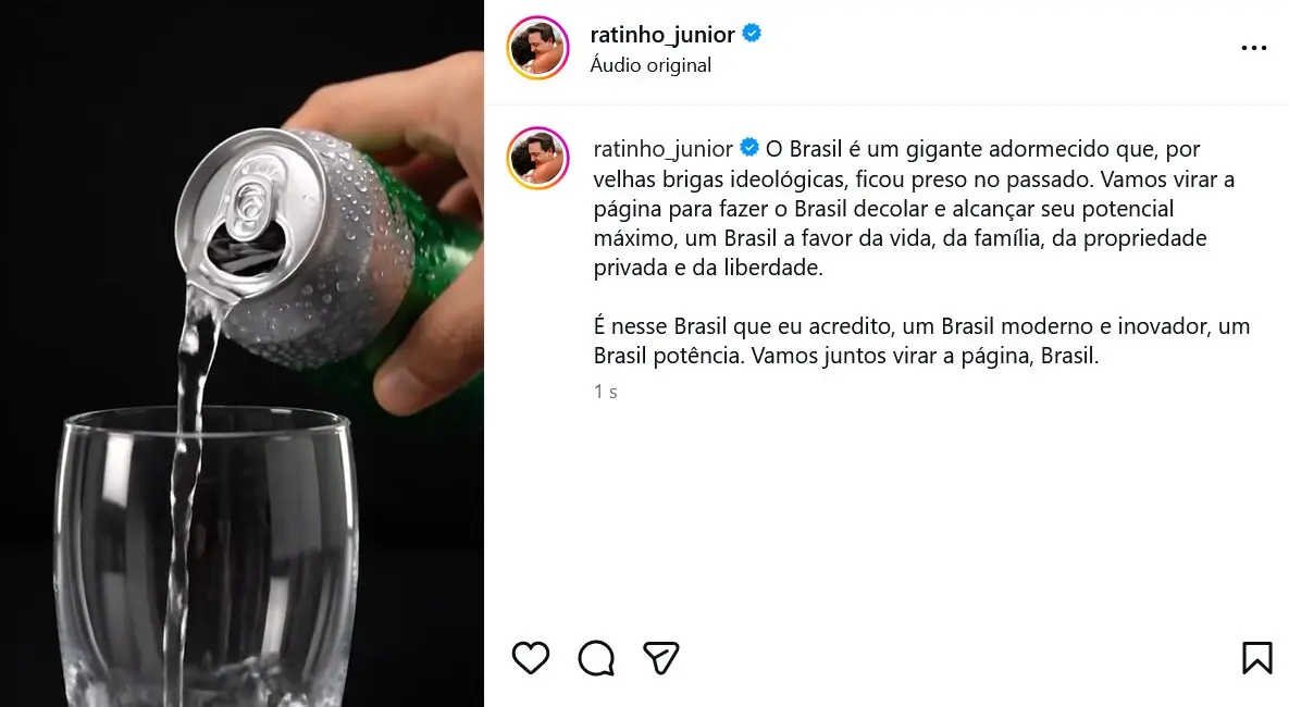 Vídeo de Ratinho Junior usa latas de refrigerante para criticar polarização política e apresentar alternativa.