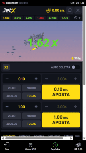 Tela inicial do crash game JetX
