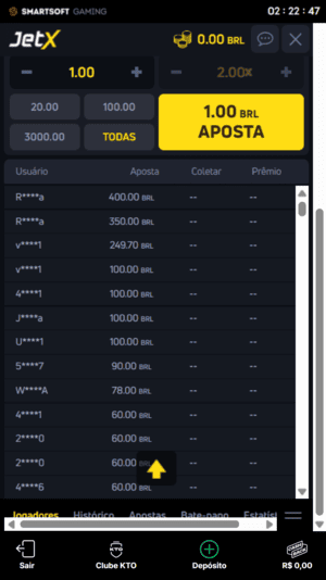 Histórico de apostas no JetX
