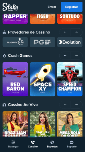 Aba de crash games no cassino da Stake
