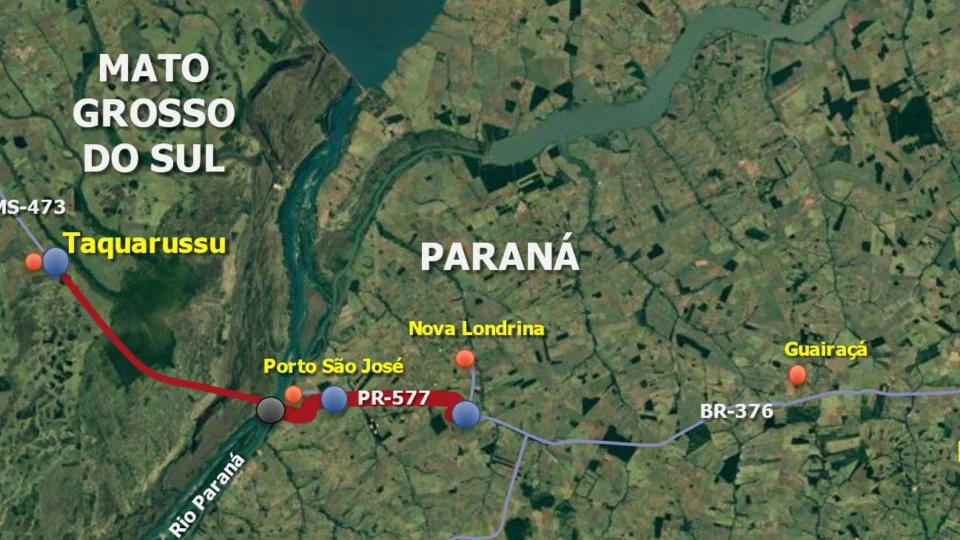 Nova ponte sobre o Rio Paraná deve conectar o distrito de Porto São José, em São Pedro do Paraná (PR), ao município de Taquarussu (MS).