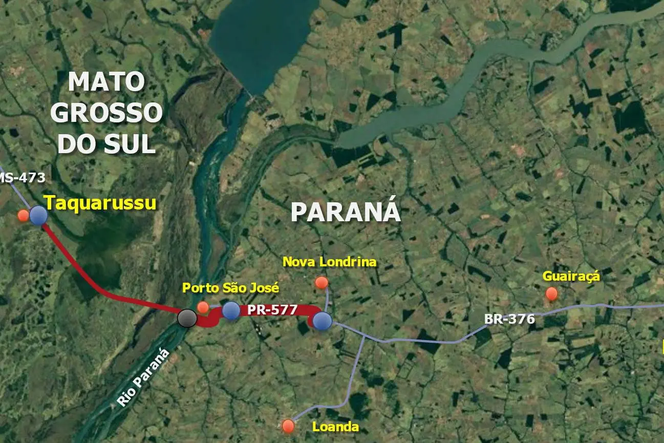 Nova ponte sobre o Rio Paraná deve conectar o distrito de Porto São José, em São Pedro do Paraná (PR), ao município de Taquarussu (MS).