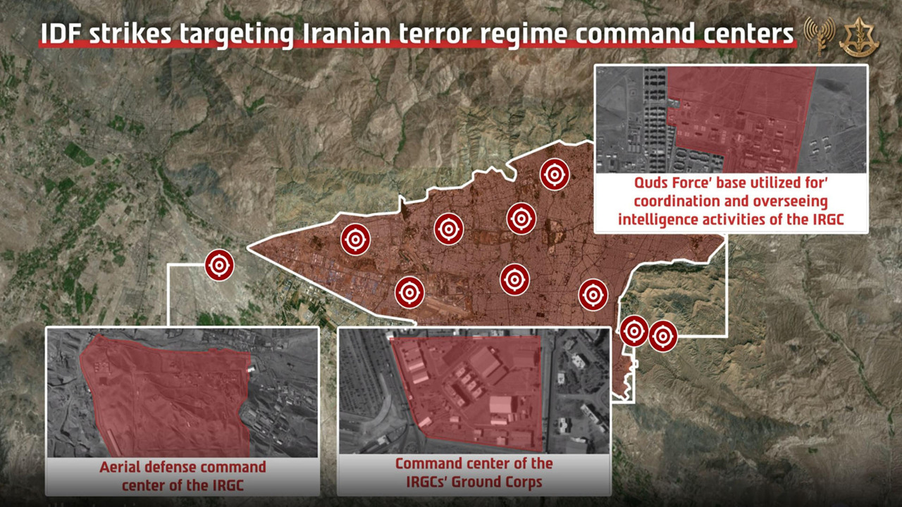Arte das Forças de Defesa de Israel (FDI) mostrando ataques contra instalações do regime iraniano em Teerã.