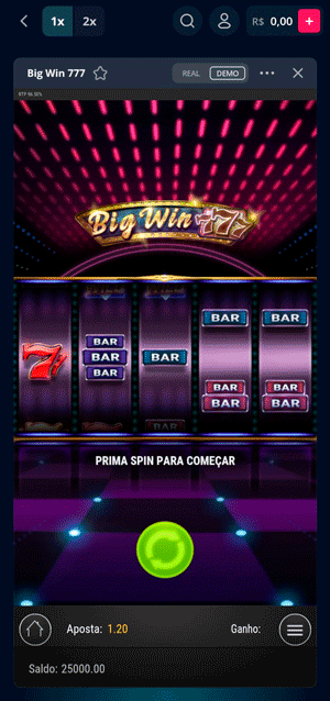 Sessão do modo demonstrativo do Big Win 777 na Novibet, jogando o slot sem gastar saldo real