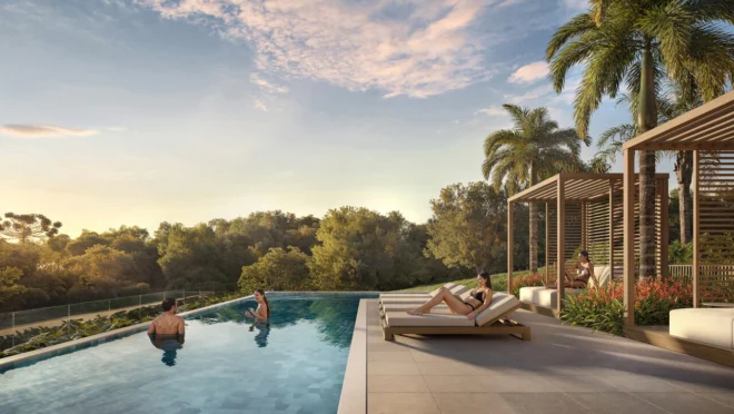 Áreas de convivência integradas à natureza criam um ambiente pensado para relaxar, viver e se reconectar no Lockwood.