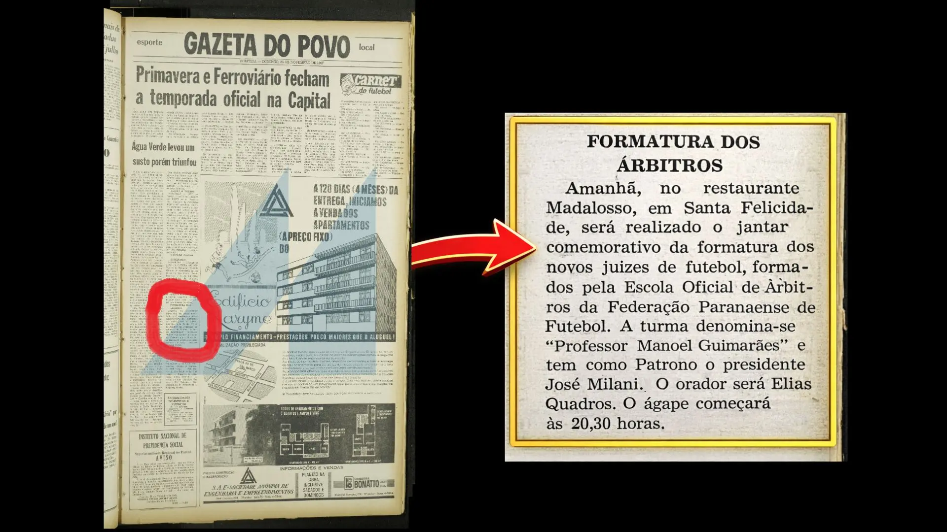 Capa da Gazeta do Povo, de 26/11/1967, mostra o Restaurante Família Madalosso já presente no noticiário da época, evidenciando sua inserção na vida social e nos acontecimentos relevantes de Curitiba.