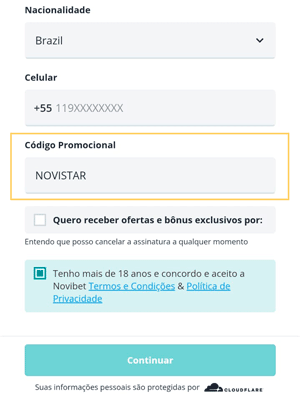 Captura de tela do campo no cadastro para ativar código na Novibet