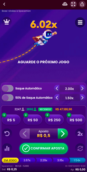Sessão do Spaceman em andamento na Superbet, com aposta mínima de R$ 0,50