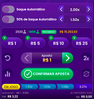 Menu de apostas na interface do crash game Spaceman