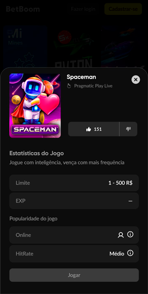 Lobby do Spaceman na Betboom com estatísticas e popularidade do crash game na plataforma