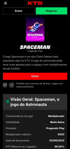 Página da Spaceman na KTO, com dados sobre o crash game e um guia educativo para jogar