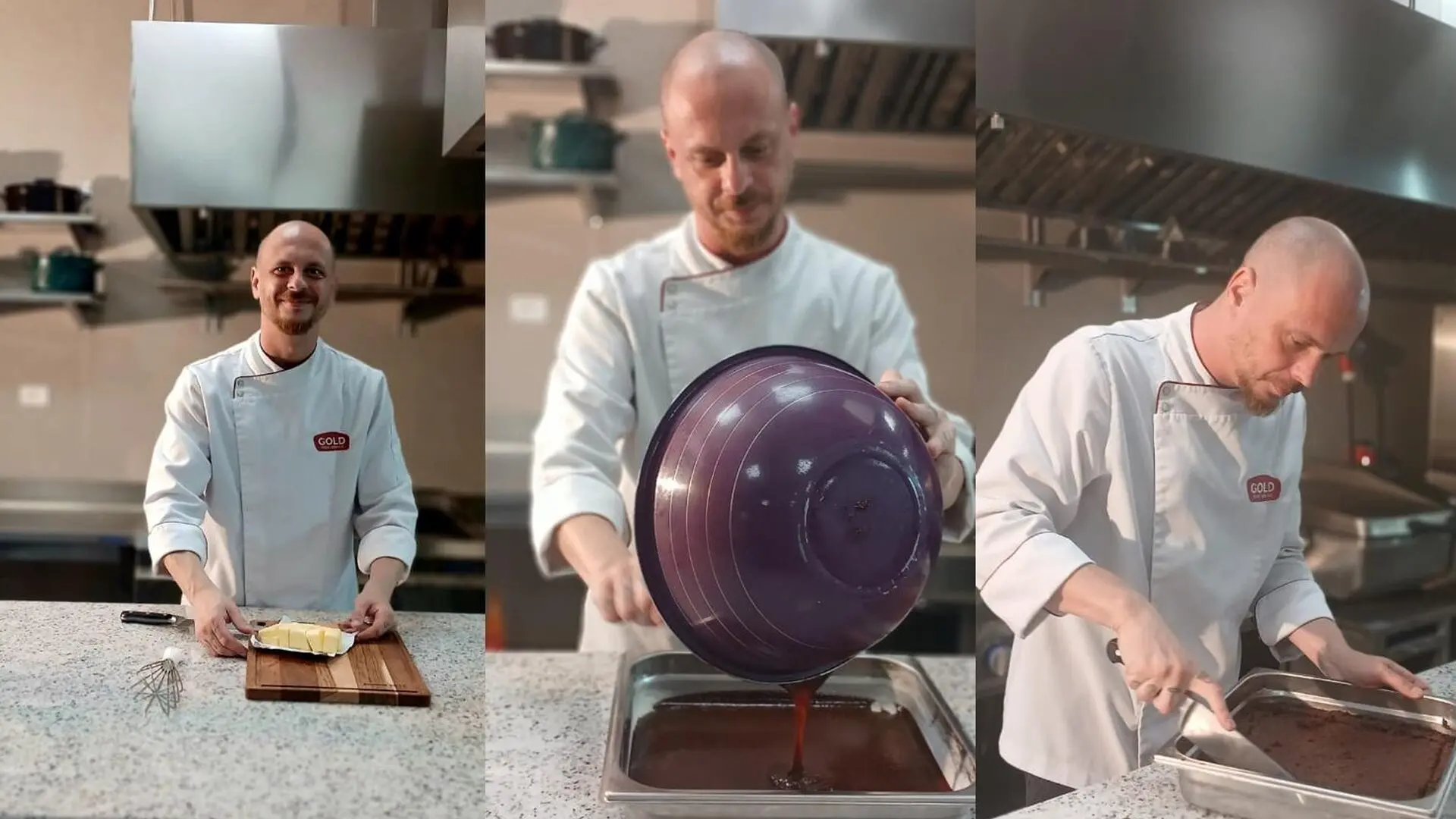 Chef Pedro Cianci durante o preparo do brownie, destacando técnica, precisão e o cuidado com cada etapa da receita.