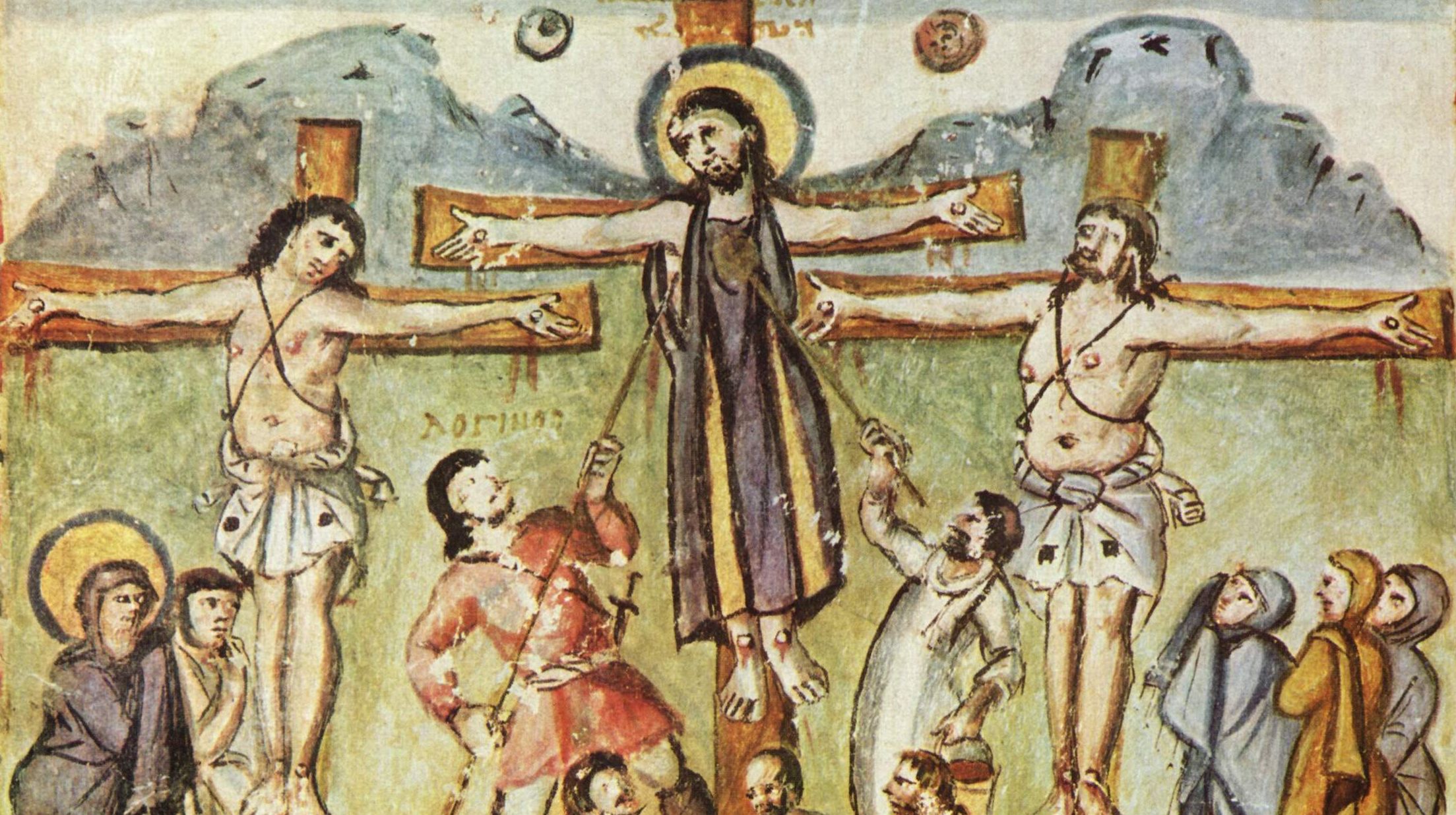Uma das primeiras representações da crucifixão de Jesus em manuscritos, dos Evangelhos de Rabula (século 6.º).