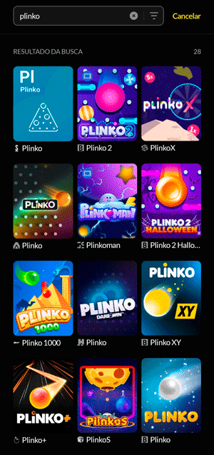 Interface de pesquisa na Betboom que exibe versões do Plinko disponíveis no cassino