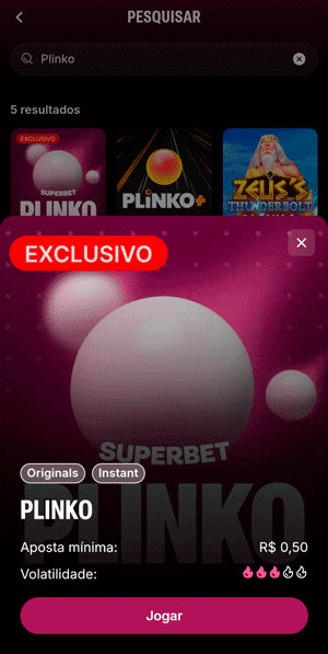 Interface da Superbet que exibe versão original do Plinko que possui aposta mínima de R$ 0,50
