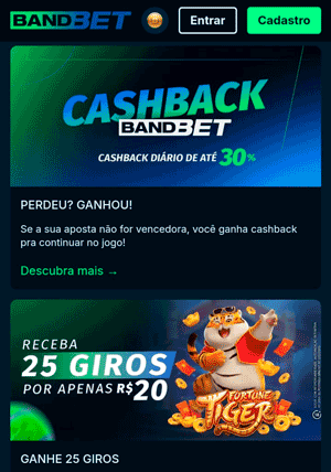 Página de promoções da Bandbet exibindo duas ofertas que atuam como bônus sem depósito: cashback e missões
