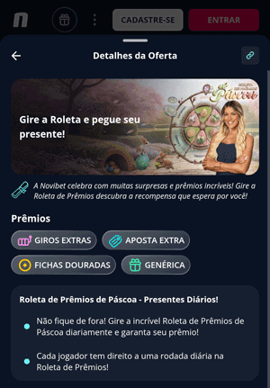 Página da oferta de Roleta Diária da Novibet que pode conceder apostas e giros extras