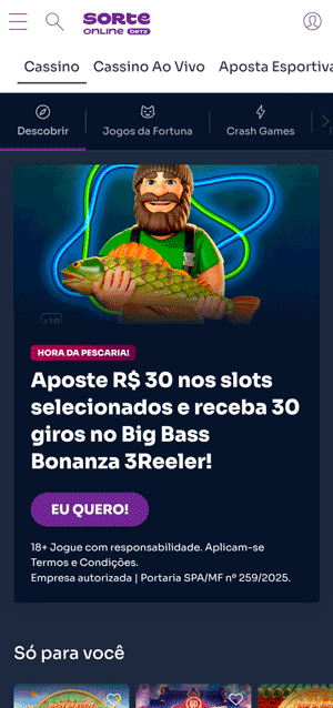 Interface do cassino da SorteOnline, que exibe banner de promoção ativa