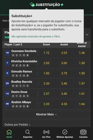 Mercados com Substituição+ na bet365