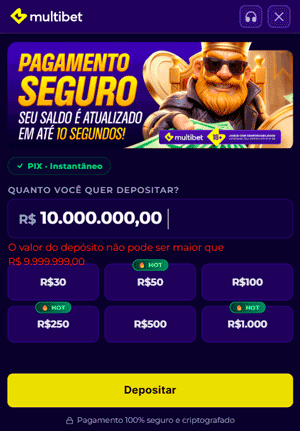 Interface de depósito na Multibet que exibe o limite máximo de recarga, que é 9.999.999