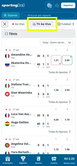 Interface da TV Ao vivo da Sportingbet que exibe os jogos com streaming ativo no aplicativo