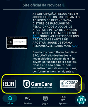 Rodapé da plataforma Novibet, que exibe os certificados do IBJR, GamCare e eCogra