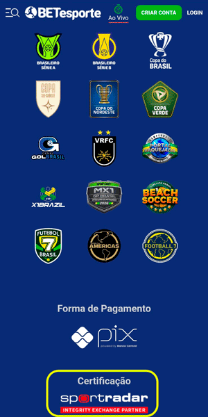 Rodapé da plataforma BETesporte, que seus patrocínios a competições como o Brasileirão e o certificado da Sportradar