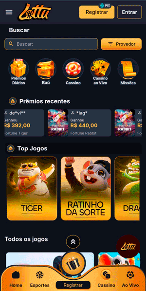 Interface inicial do cassino da Lottu com histórico de prêmios recentes e top jogos