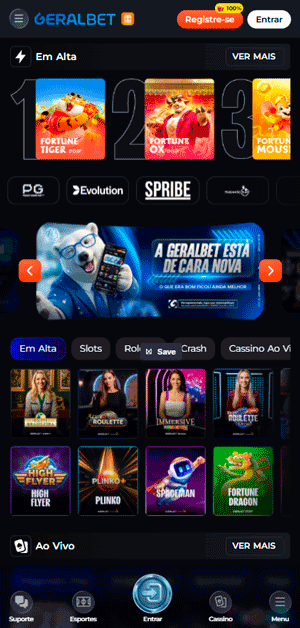 Interface do cassino da GeralBet, que exibe os jogos em alta no momento