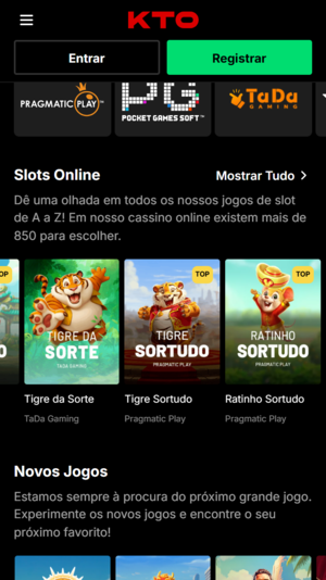 Tela inicial da KTO com Tigre Sortudo