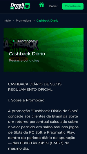 Página da promoção de cashback da BrasildaSorte, que concede giros grátis ou saldo real conforme as perdas líquidas