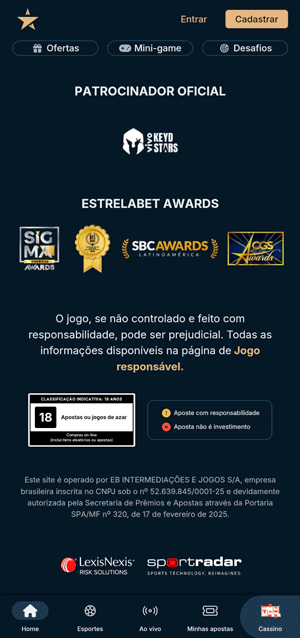 Rodapé da plataforma EstrelaBet, que exibe seus prêmios e a licença de autorização que a torna confiável
