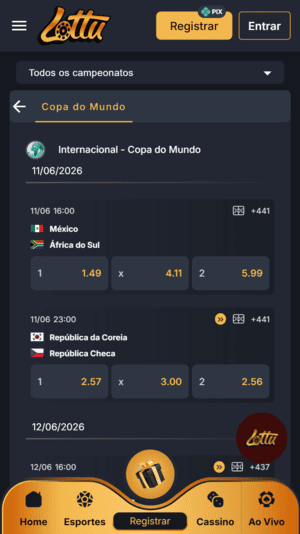 Seção de apostas na Copa do Mundo na Lottu