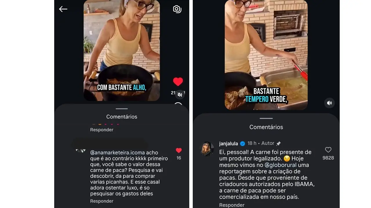 Usuários criticaram a postagem de Janja, e a primeira-dama afirmou que a carne de paca foi presente de um produtor legalizado”.