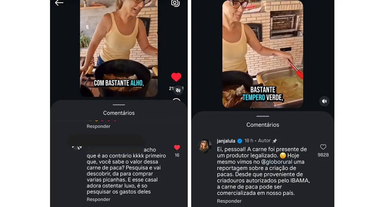 Usuários criticaram a postagem de Janja, e a primeira-dama afirmou que a carne de paca foi presente de um produtor legalizado”.