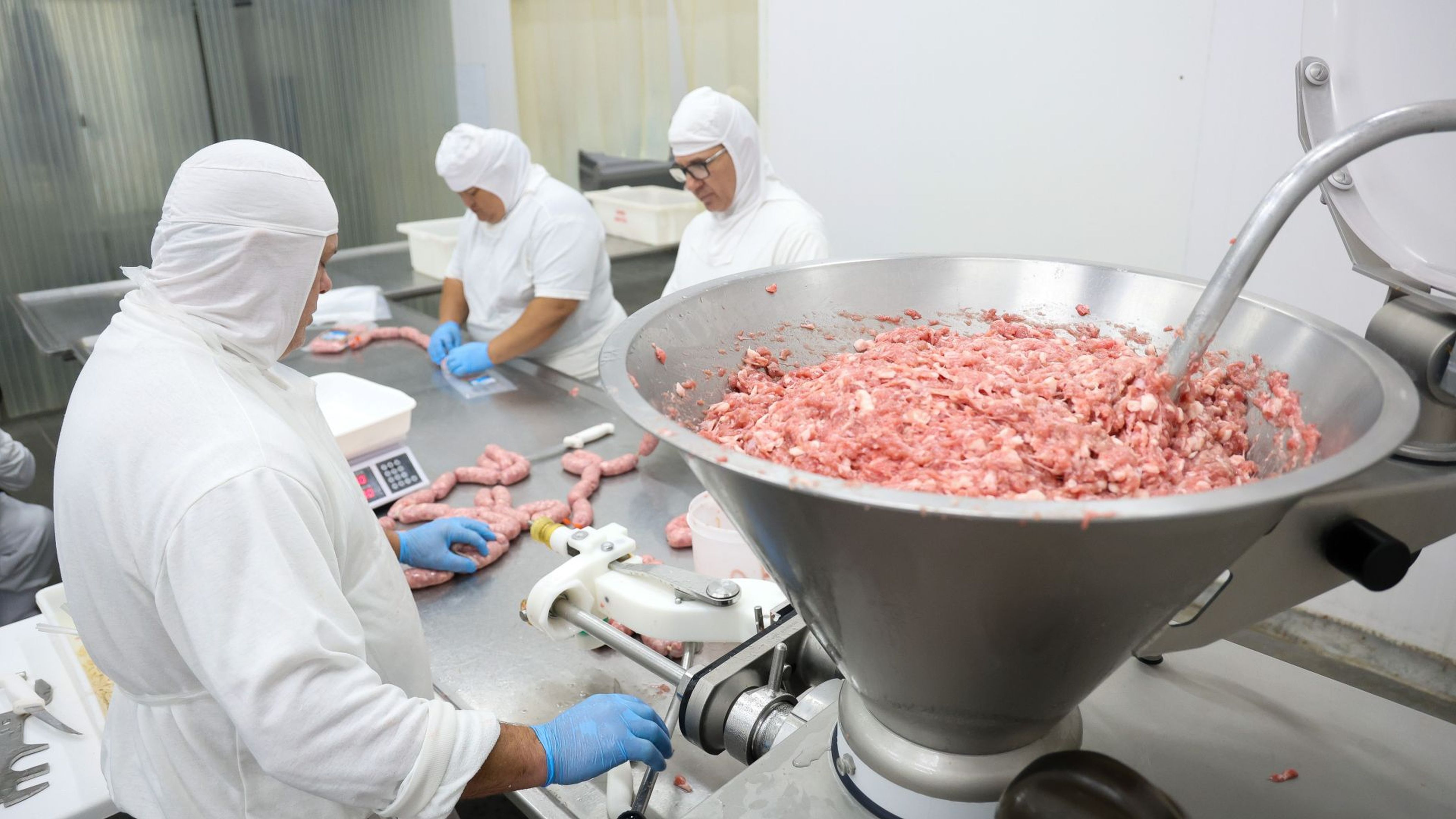 Funcionários atuam no processamento de carnes em indústria catarinense, setor impulsionado pelo avanço das exportações, safra recorde e políticas de incentivo que sustentam o crescimento acima da média nacional.