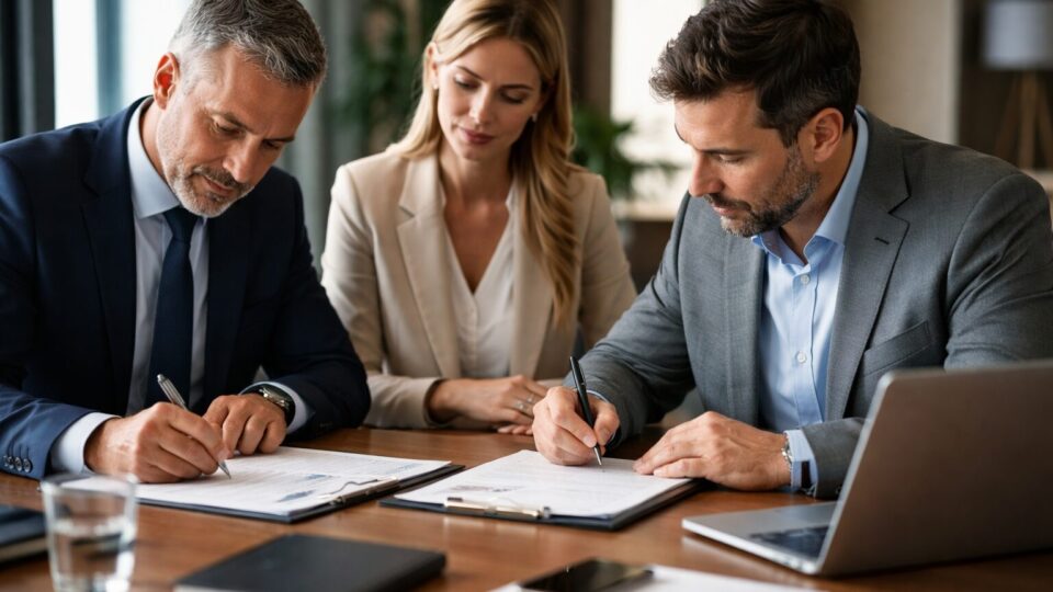 Empresários formalizam acordo societário em ambiente corporativo: regras claras e segurança jurídica são fundamentais para prevenir conflitos e garantir o crescimento sustentável dos negócios.