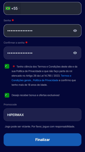 Formulário de registro com o campo para código promocional Hiperbet
