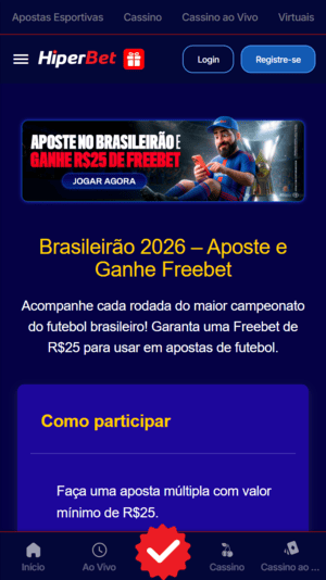 Promoção que dá R$ 25 em freebet para quem se registrar com o promocode Hiperbet
