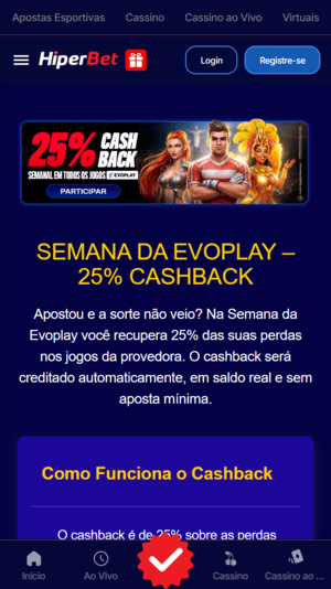 Ofertas de cashback disponíveis na Hiperbet
