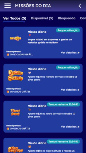 Aba com missões especiais disponíveis na Hiperbet
